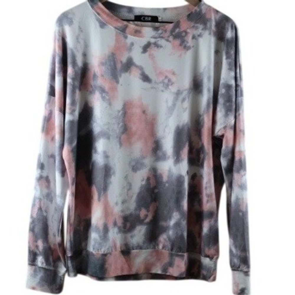 CBR Chic Boutique Rose Tie Dye Pullover Top Pink Grey White Size L NEW